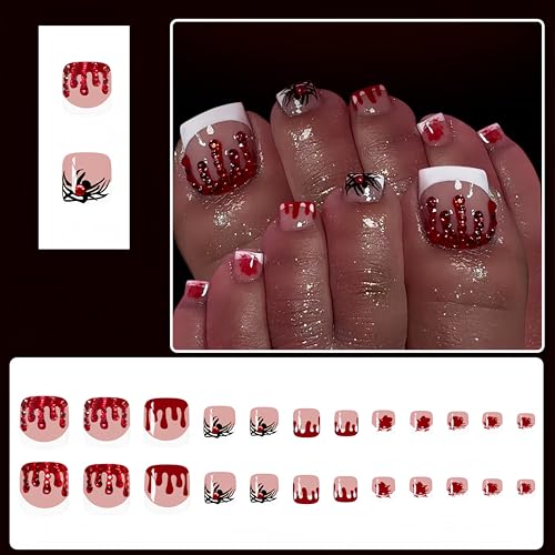 Halloween Press on Toe Nails Short Square False Toenails Red Spider Design