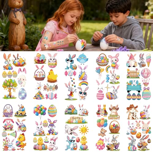 DounakeEvth Easter Temporary Tattoos for Kids - 10 Sheets Waterproof Bunny & Egg Stickers