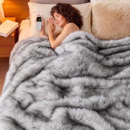 Faux Fur Heated Electric Blanket Full Size White Plush Cozy Throw 68x84"