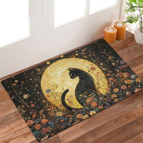 Black Cat Door Mat 17x30 Inch Outdoor Indoor Welcome Mat for Entryway