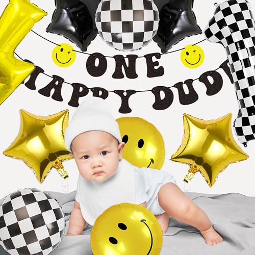 24 Pcs One Happy Dude Birthday Balloon Kit - Modern Black, Gold & Checkered Party Decorations