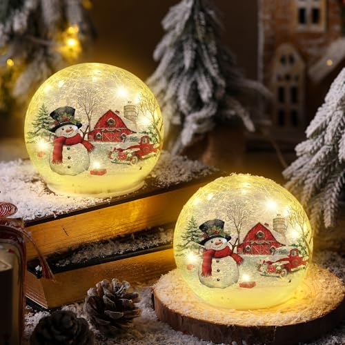 Snowman Crackle Globe Decorations - 4 Inch Indoor Holiday Orbs - Set of 2