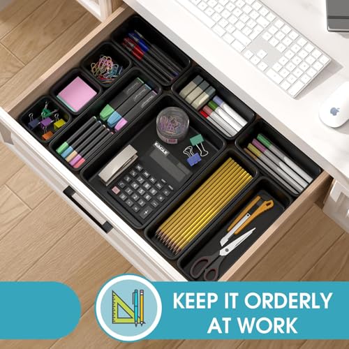 StoreHappily 10 Pack Black Drawer Organizer Set - Multi-Size Plastic Storage Bins for Kitchen, Bathroom, Office & Jewelry