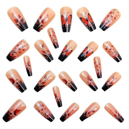 Red Butterfly Floral Press on Nails Medium Coffin French Tip Acrylic False Nails