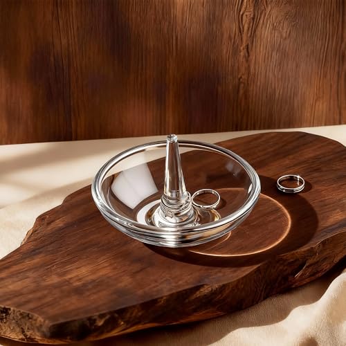 H&D 4.1in Crystal Ring Holder Dish – Round Clear Glass Jewelry Tray