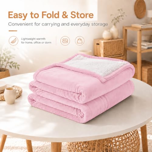 Electric Heated Blanket King Light Pink Coral Fleece & Sherpa 90x100 in - Dual-Sided Comfort