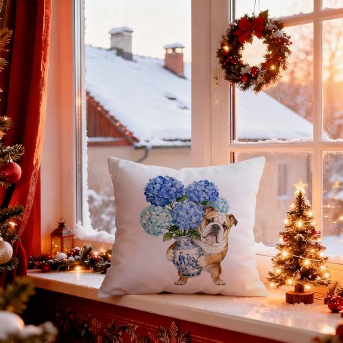 Blue Chinoiserie English Bulldog Pillow Cover - Dog Print 18x18 Inch