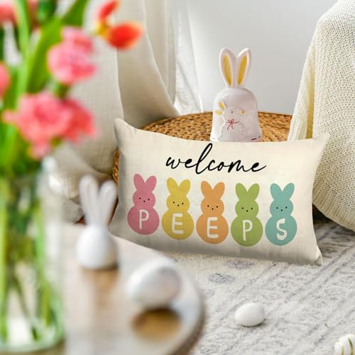 Easter Bunny Welcome Peeps Linen Throw Pillow Cover - 16x24 Inch