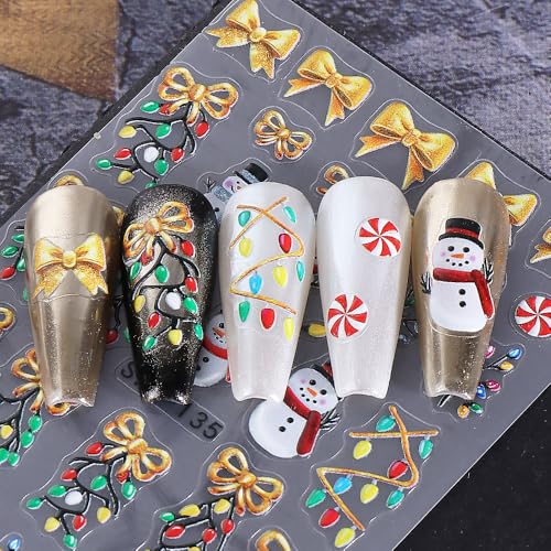 5D Embossed Christmas Nail Stickers Snowflake Bow Decals 3PCS