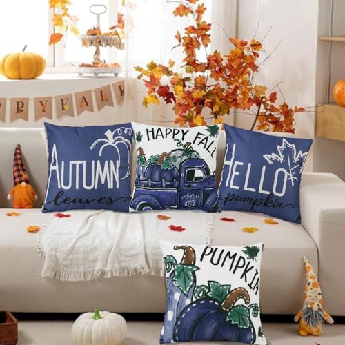 Fall Set of 4 18x18 Inch Decorative Pillow Covers with Pumpkins Leaves Polka Dots