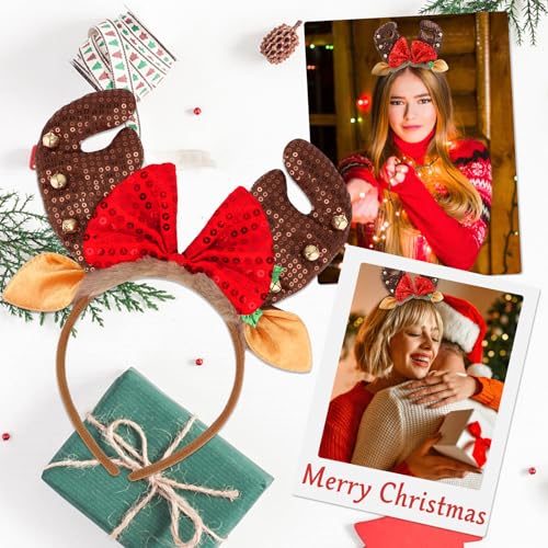WHAVEL Reindeer Antlers Christmas Headband with Sequin Bow and Bells