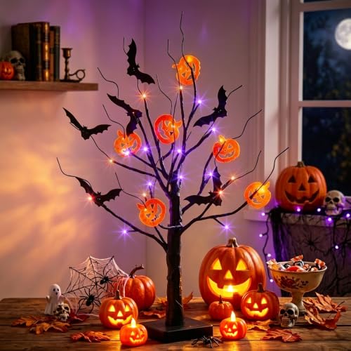 EAMBRITE 22-Inch Halloween Tree with LED Lights and Bat & Pumpkin Ornaments