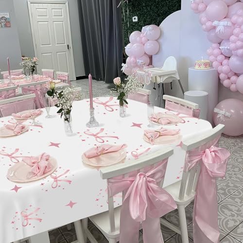 YTHETM 2-Pack Pink Bow Tablecloths - 54 x 108 Inches for Parties