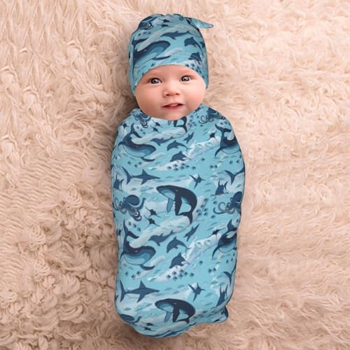 Sea Waves Baby Swaddle Blanket Set with Headband for Newborns