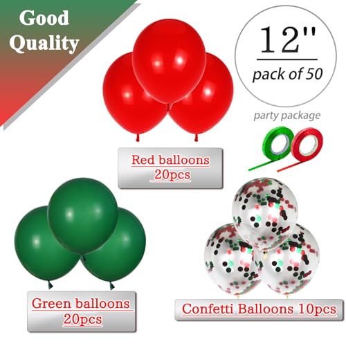 Red and Green Confetti Balloons Set - 50 Pcs 12 Inch Christmas Latex Balloons