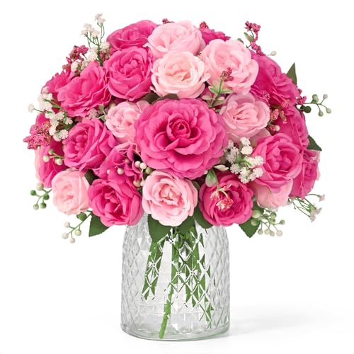 Yastouay Artificial Peony Flower Bouquets - Mixed Pink, 2 Pack, 7-Branch, 12-inch Stems
