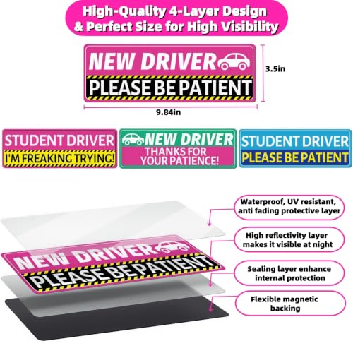 4PCS Student Driver Car Magnets - High Visibility Reflective Signs