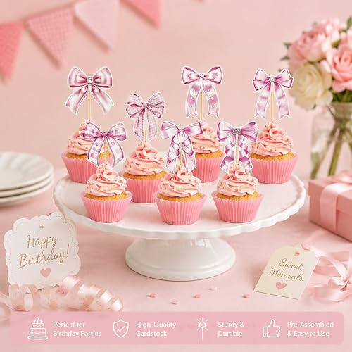 32PCS Pink Bow Cupcake Toppers for Birthday & Baby Showers