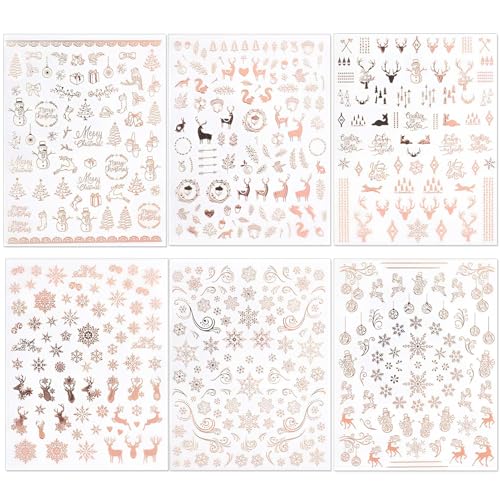 IDDFEVE Christmas Nail Stickers 6 Sheets Rose Gold 3D Snowflake Elk Decals