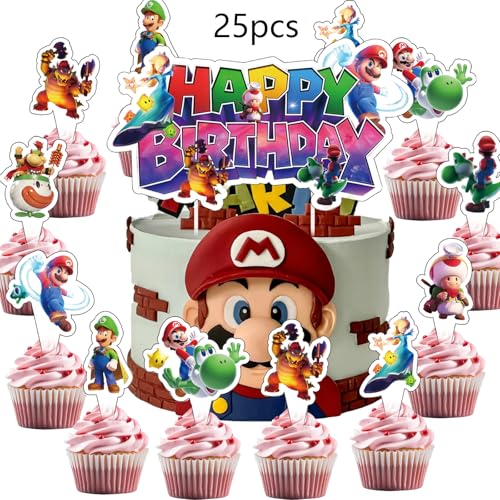 25Pcs Mario Themed Birthday Cake Decoration Set with Cupcake Toppers