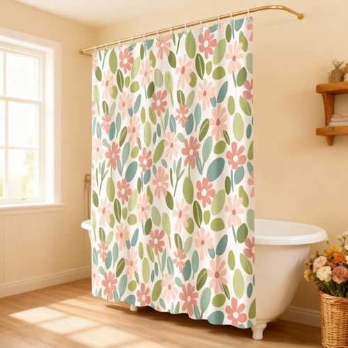 Pink & Green Floral Shower Curtain, Waterproof 180x180cm