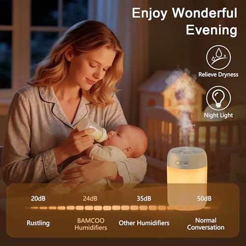 BAMCOO 650ml Indoor Plant Humidifier - Portable USB Mini Mist with LED Light, Light Grey