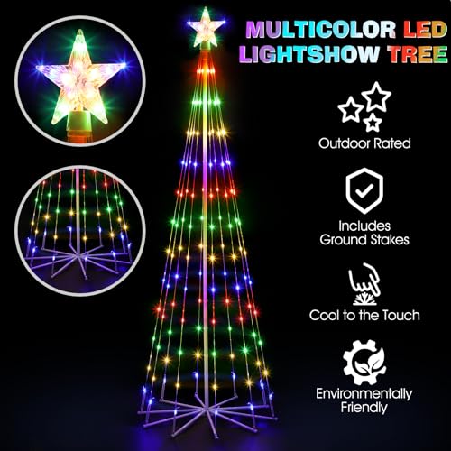 PINPON 6FT Multicolor Outdoor Solar Christmas Tree Light Show with Remote