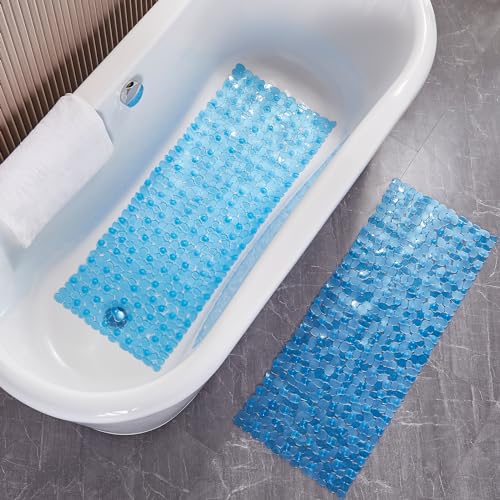 Webos Pebble Clear Blue Bath Shower Mat Non Slip Extra Large 16x40 Inch with Drain Holes