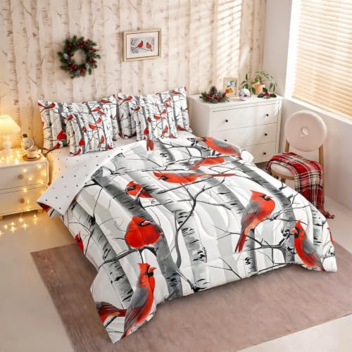 Christmas Cardinal Comforter Set Queen Size White Orange 7pcs Bedding