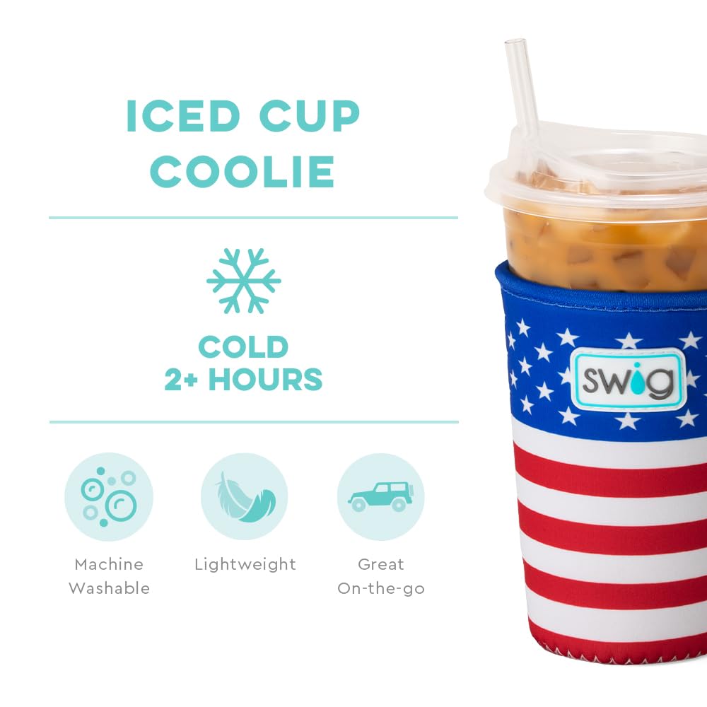 Swig Life Medium Iced Cup Coolie, Standard 22oz Iced Coffee Cup Insulator Sleeve with Handle, Neoprene Insulated Coolie Keeps Drinks Cold (All American)