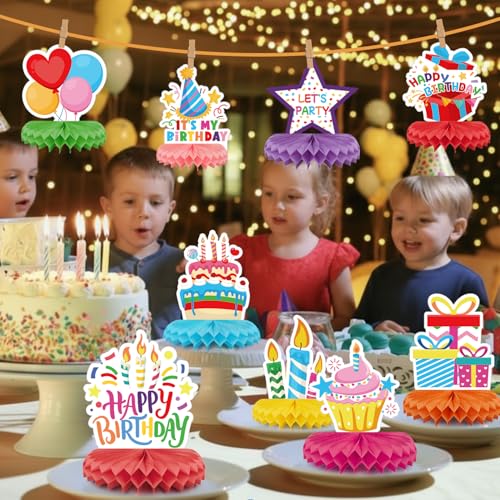 Colorful 9-Piece Birthday Table Decorations - Honeycomb Centerpieces