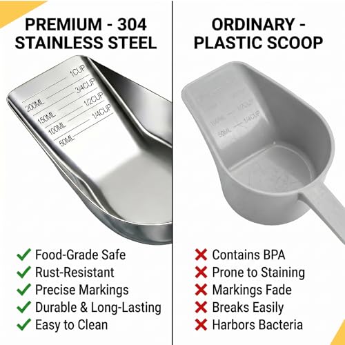 304 Stainless Steel Dog Food Scoop - 1 Cup Measuring Cup with Long Handle