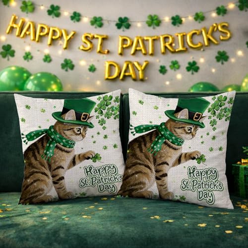 St. Patrick's Day Shamrock Cat Throw Pillow Cover 18x18