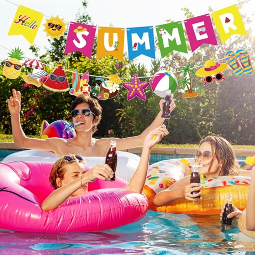 Hello Summer Banner - Colorful Pool Party Decorations