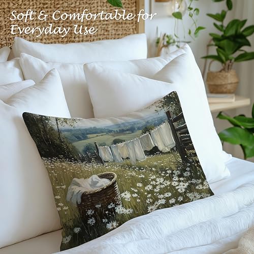 Multicolour Farmhouse Laundry Day Pillow Cover 12x20 - Rustic Country Wildflower Decorative Lumbar Cushion for Couch Bed Living Room Bedroom
