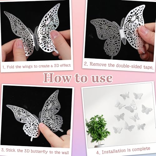 48 Pcs Silver 3D Butterfly Wall Decor Stickers for Crafts and Cake Toppers