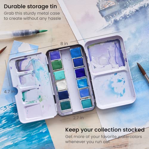ARTEZA Watercolor Paint Set, 12 Ocean Tones Half Pans, Watercolor Set with Brush, Semi Moist Water Colors
