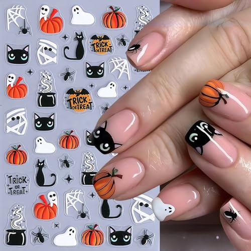 Halloween 5D Embossed Nail Stickers - 4 Sheets Cute Ghost Pumpkin Decals