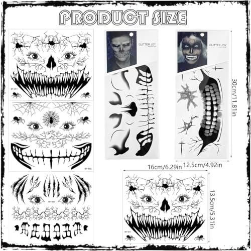 Halloween Face Tattoos - 5 Sheets Zombie Skull Makeup Stickers