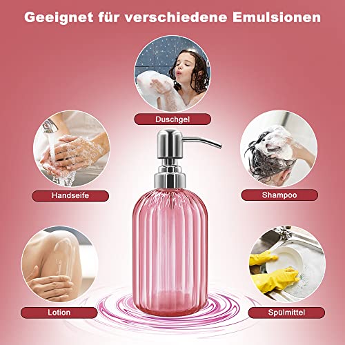 Pink Glass Soap Dispenser with Stainless Steel Pump - 14 Oz
