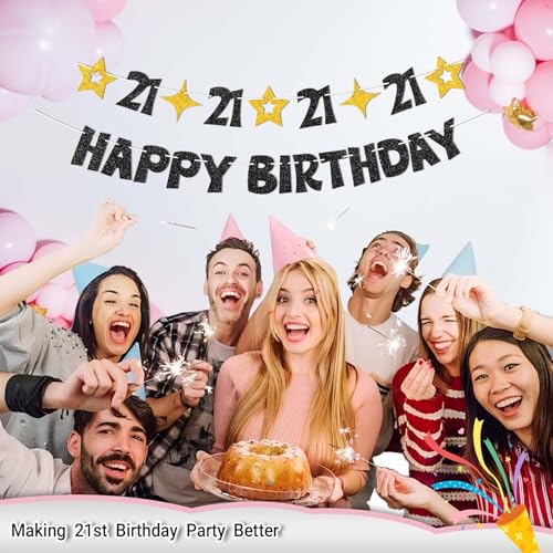 Black and Gold 21st Birthday Banner - Pre-Strung Glitter Party Decoration