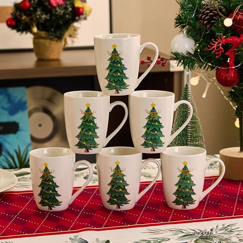 Christmas Tree Mugs Set of 6 - 14oz Bone China Coffee Cups, Microwave & Dishwasher Safe, Gift for Family (6pcs) Variation of Mug