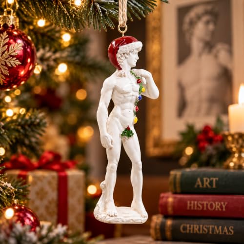 Michelangelo's David Christmas Ornament - Festive Holiday Decor with Lights & Holly Leaf - 4.5 Inches - Classic David V3.0