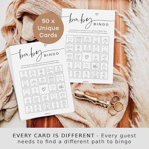 Baby Shower Bingo Game - Pre-Filled Cards for Girl or Boy, 50 Cards, Minimalist Design