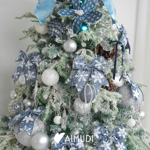 Dusty Blue Christmas Bows for Wreaths 6-Inch Snowflake Burlap Gift Wrap Decorations - 12 Pcs