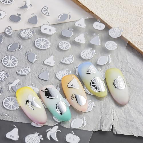FOXIIU 6 Sheets Silver Nail Art Stickers, 3D Self-Adhesive Moon Star Floral Decals