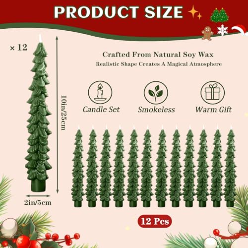 Green 12 Pc Christmas Tree Taper Candles - Unscented Holiday Decor
