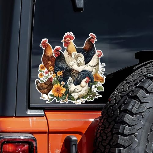 Vivid Chicken and Flower Vinyl Decal Stickers - 2 Pack, 4.92"x5.12"