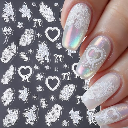 Winthrop 3D White Lace Nail Decals - Rose & Butterfly Bridal Stickers