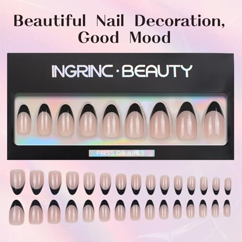 Black French Tip Press On Nails - Short Almond Fake Nails Kit
